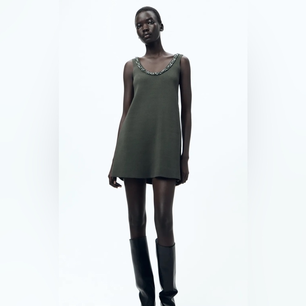 NWT Zara Charcoal Gray Embellished Knit Mini Dress Beaded Neckline Size Small